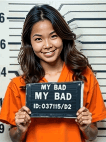A Woman In Orange Holding A Sign That Says My Bad GIF