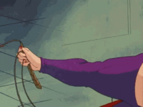 A Woman In Purple Gloves Is Holding A Whip In Her Hand GIF