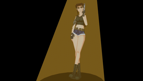 A Woman In Shorts Is Holding A Gun In A Spotlight GIF