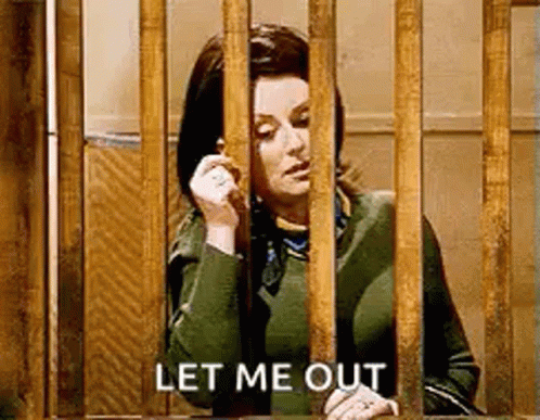 A Woman Is Behind Bars Talking On A Cell Phone And Says `` Let Me Out '' . GIF