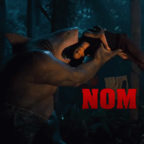A Woman Is Being Attacked By A Shark With The Words Nom Nom In Red Letters GIF