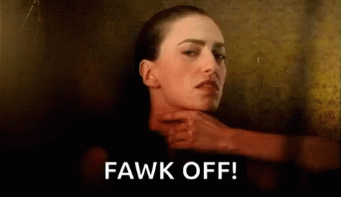 A Woman Is Being Choked By A Hand And The Words `` Fawk Off '' Are Written On The Bottom . GIF