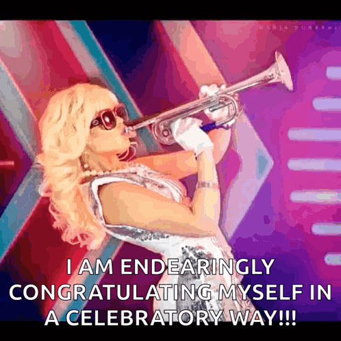A Woman Is Blowing A Trumpet And Says I Am Endearingly Congratulating Myself In A Celebratory Way GIF