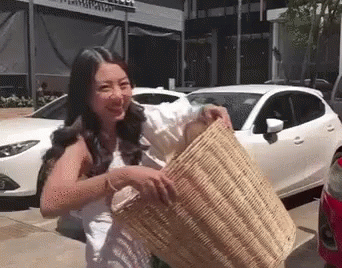 A Woman Is Carrying A Basket In Front Of A White Car . GIF