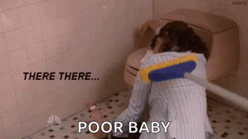 A Woman Is Cleaning A Bathroom Floor With A Broom And Says `` Poor Baby '' . GIF