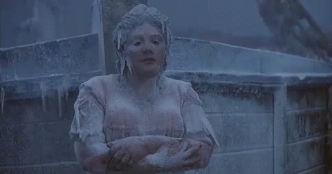 A Woman Is Covered In Ice And Is Standing With Her Arms Crossed In Front Of A Fence . GIF