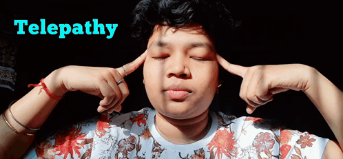 A Woman Is Covering Her Ears With Her Hands And The Word Telepathy Is Written Above Her GIF