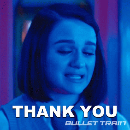 A Woman Is Crying And The Words Thank You Bullet Train Are Above Her GIF