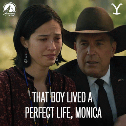 A Woman Is Crying Next To A Man In A Suit And Tie With The Words That Boy Lived A Perfect Life Monica On The Bottom GIF