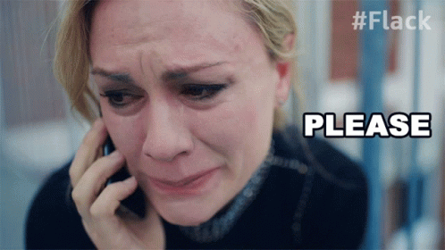 A Woman Is Crying While Talking On A Phone And The Word Please Is Above Her Head GIF