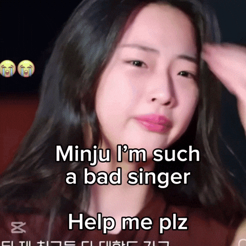A Woman Is Crying With A Caption That Says Minju I 'M Such A Bad Singer Help Me Plz GIF
