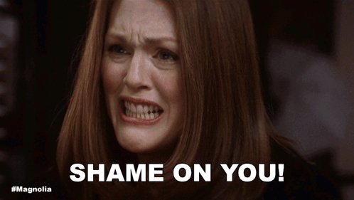 A Woman Is Crying With The Words Shame On You Written Below Her GIF