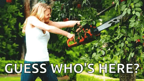 A Woman Is Cutting A Tree With A Chainsaw And The Words `` Guess Who 'S Here '' Below Her . GIF