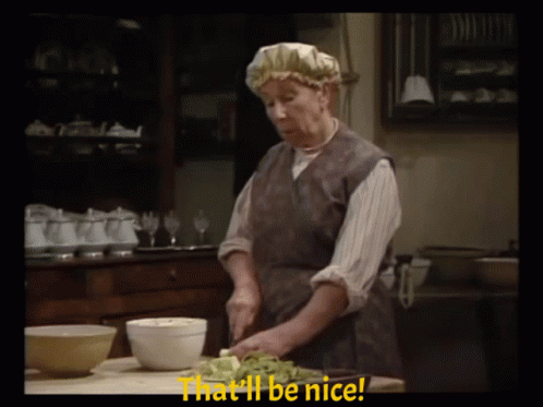 A Woman Is Cutting Vegetables In A Kitchen And The Words That 'Ll Be Nice Are Above Her GIF