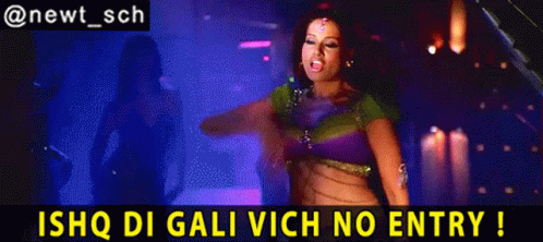 A Woman Is Dancing In A Dark Room With The Words Ishq Di Gali Vich No Entry Below Her GIF