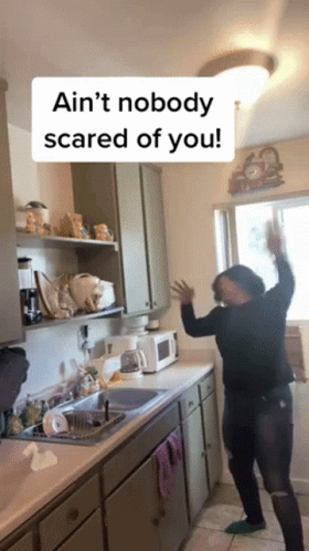 A Woman Is Dancing In A Kitchen With A Caption That Says Ain 'T Nobody Scared Of You GIF