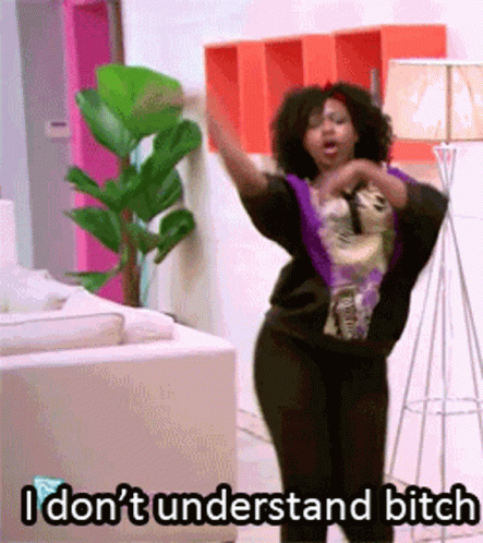 A Woman Is Dancing In A Living Room With The Words " I Don T Understand Bitch " Written Below Her GIF
