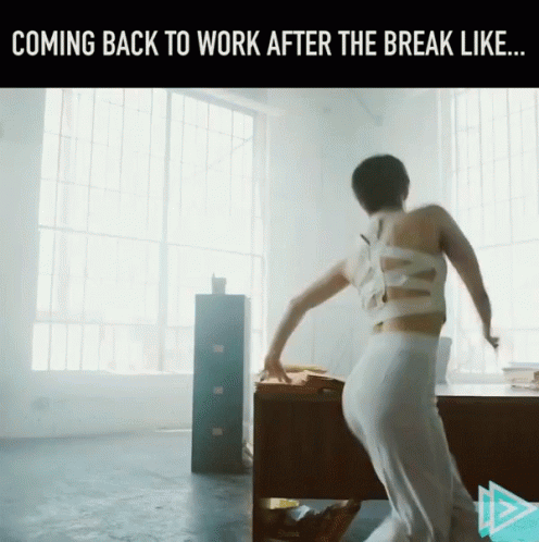 A Woman Is Dancing In A Room With The Words " Coming Back To Work After The Break Like " GIF