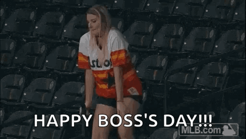 A Woman Is Dancing In A Stadium With The Words `` Happy Boss 'S Day ! '' GIF