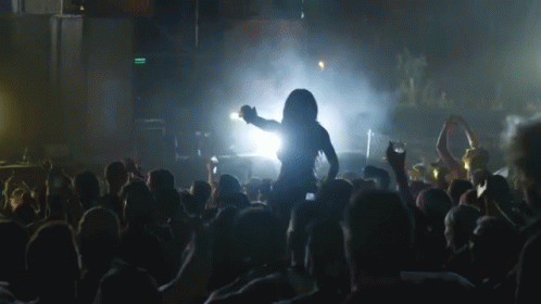 A Woman Is Dancing In Front Of A Crowd At A Concert With A Green Exit Sign In The Background GIF
