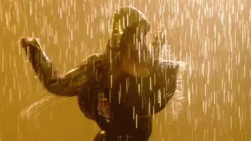 A Woman Is Dancing In The Rain While Wearing A Black Jacket . GIF