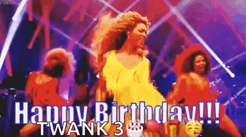 A Woman Is Dancing On A Stage With The Words `` Happy Birthday !!! Twank 3 '' Written On It . GIF