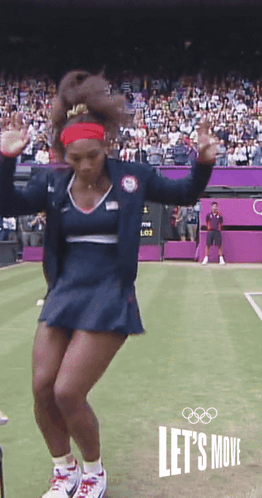A Woman Is Dancing On A Tennis Court With The Words Let 'S Move Behind Her GIF