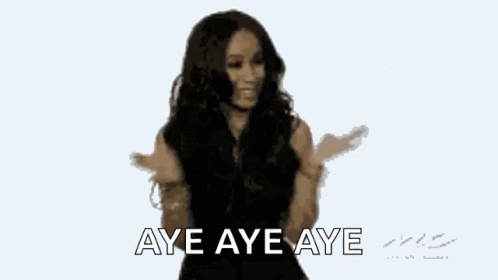 A Woman Is Dancing With Her Arms Outstretched And The Words Aye Aye Aye Above Her . GIF