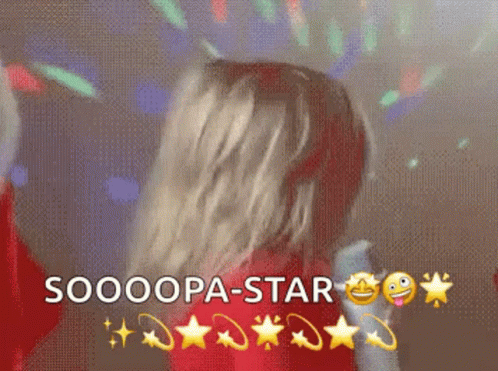 A Woman Is Dancing With The Words Soooopa-Star Surrounding Her GIF