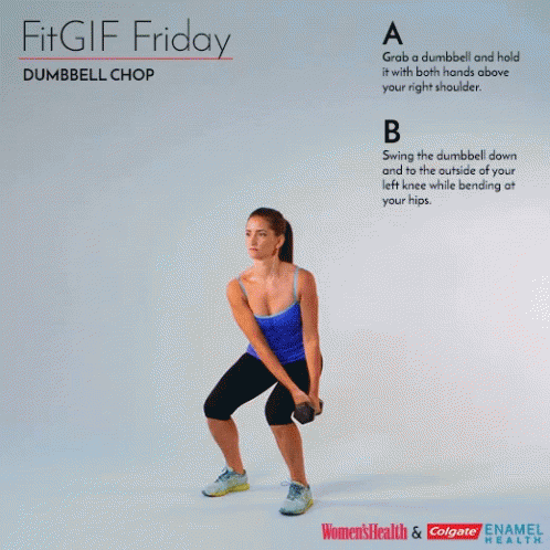 A Woman Is Doing A Dumbbell Chop Exercise For Women 'S Health GIF