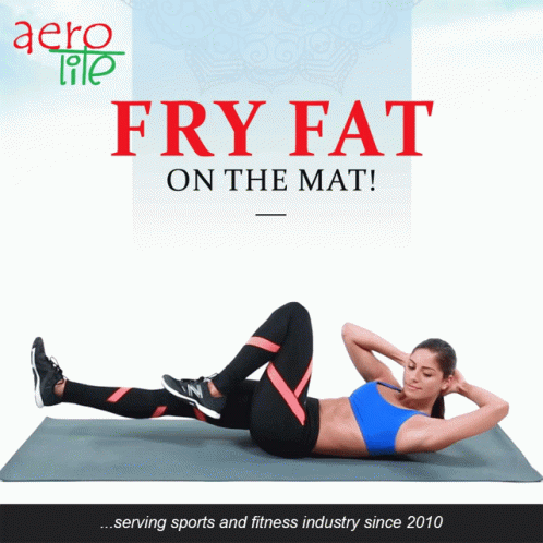 A Woman Is Doing Exercises On A Mat With The Words Fry Fat On The Mat GIF