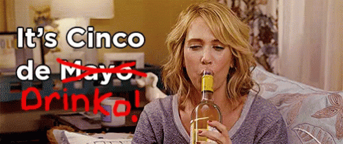 A Woman Is Drinking A Bottle Of Wine With The Words It 'S Cinco De Mayo Drinka . GIF