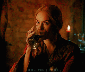 A Woman Is Drinking A Glass Of Wine And The Words Cersei-Mine Tumblr Are On The Bottom Of The Screen GIF