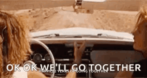 A Woman Is Driving A Car With The Words `` Ok We 'Ll Go Together '' On The Dashboard . GIF