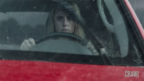 A Woman Is Driving A Red Car And The Word Crawl Is On The Windshield GIF
