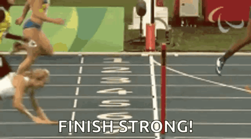 A Woman Is Falling On A Track While Running And The Words Finish Strong Are Visible . GIF