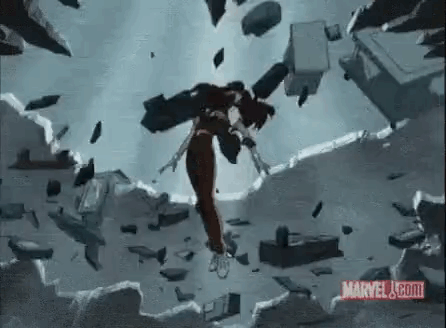 A Woman Is Flying Through The Air In A Cartoon While A Building Is Being Destroyed . GIF