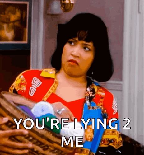 A Woman Is Holding A Basket And Says You 'Re Lying 2 Me . GIF