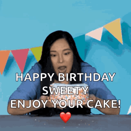 A Woman Is Holding A Birthday Cake With The Words Happy Birthday Sweety Enjoy Your Cake GIF