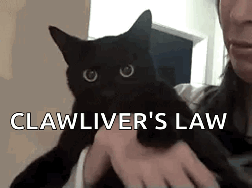 A Woman Is Holding A Black Cat With The Words Clawliver 'S Law On The Bottom GIF