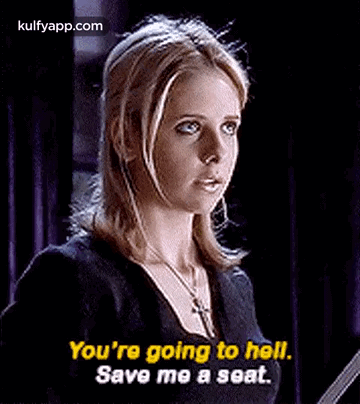 A Woman Is Holding A Book And Saying `` You 'Re Going To Hell , Save Me A Seat . '' GIF