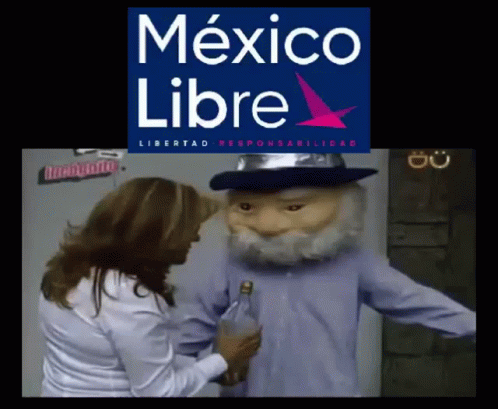 a woman is holding a bottle of alcohol next to a mascot that says mexico libre