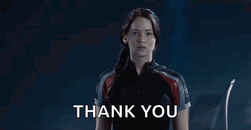 A Woman Is Holding A Bow And Arrow And The Words Thank You Are Above Her GIF