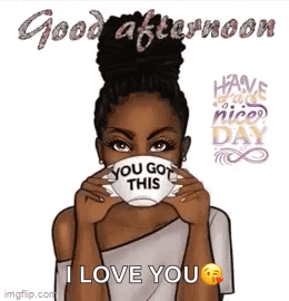 A Woman Is Holding A Cup Of Coffee In Front Of Her Face And Saying `` Good Afternoon , I Love You '' . GIF