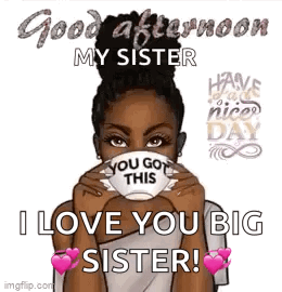 A Woman Is Holding A Cup Of Coffee In Front Of Her Face And Saying Good Afternoon My Sister GIF