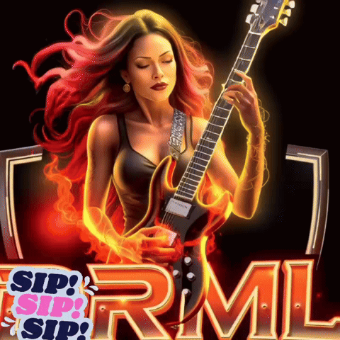 A Woman Is Holding A Guitar In Front Of A Sign That Says Rml GIF