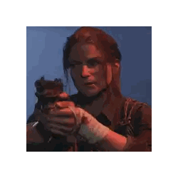 a woman is holding a gun with a bandaged wrist