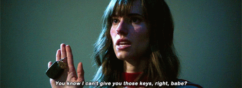 A Woman Is Holding A Key In Her Hand And Says " You Know I Can 'T Give You Those Keys Right Babe " GIF