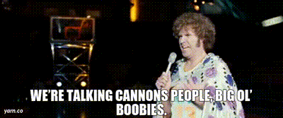 A Woman Is Holding A Microphone And Saying We 'Re Talking Cannons People Big Ol Boobies GIF