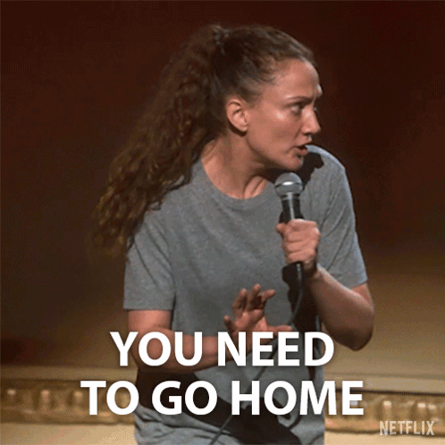 A Woman Is Holding A Microphone And Says " You Need To Go Home " GIF